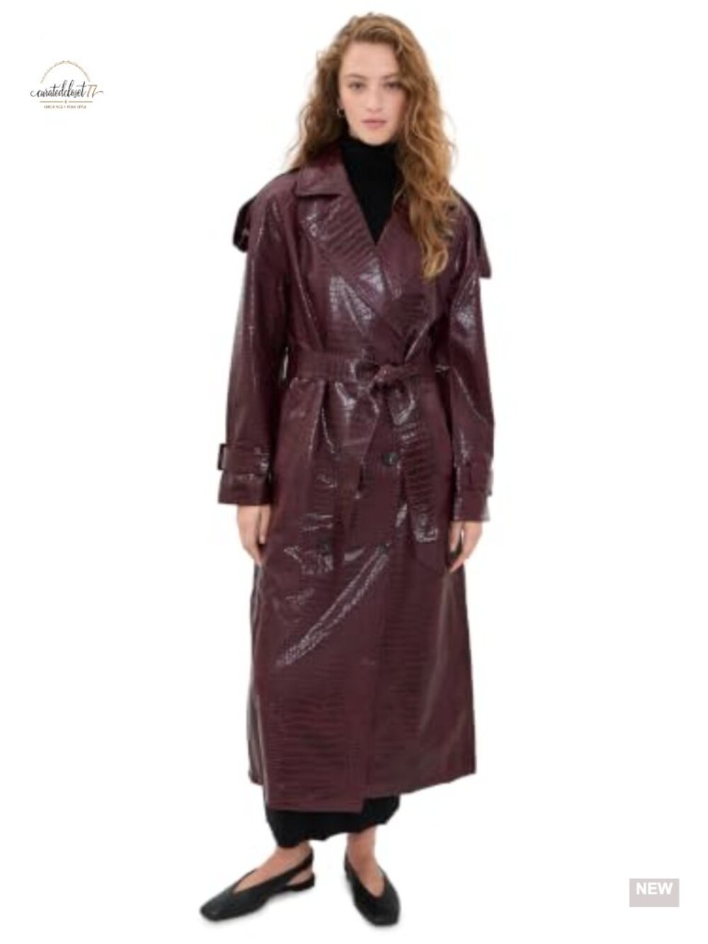 Croc-Embossed Faux Leather Belted Maxi Trench Coat